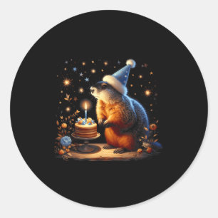 Sticker Rond Joyeuse journée du marmotte Marmotte avec gâteau d