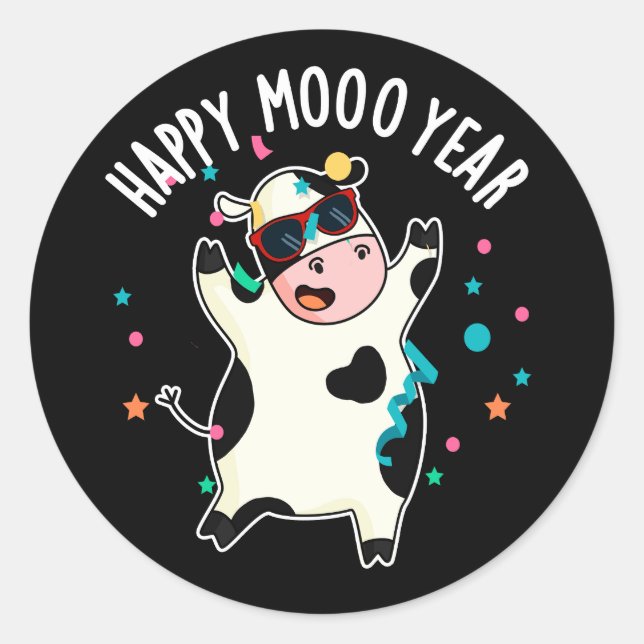 Sticker Rond Joyeuse Moo Année Funny Cow Pun Dark BG (Devant)