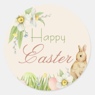 Sticker Rond Joyeuse Pâques Doux Lapin Aquarelle Florale