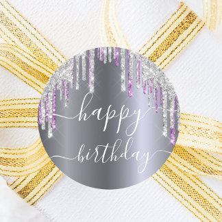 Sticker Rond Joyeuse parties scintillant d'anniversaire argent 