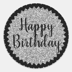 Sticker Rond Joyeuse Parties scintillant d'argent d'anniversair