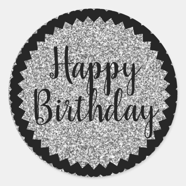 Sticker Rond Joyeuse Parties scintillant d'argent d'anniversair (Devant)