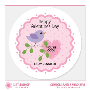 Sticker Rond Joyeuse Saint-Valentin Cœur Rose avec Oiseau