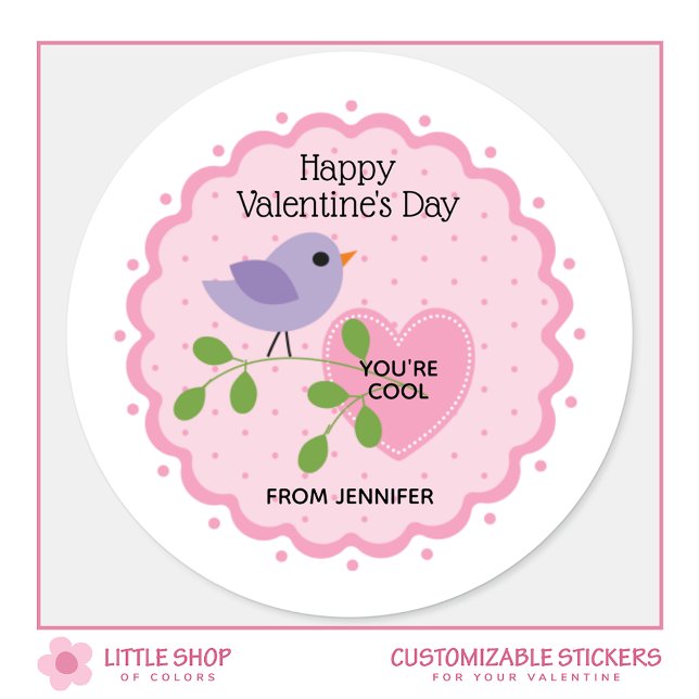 Sticker Rond Joyeuse Saint-Valentin Cœur Rose avec Oiseau (Créateur téléchargé)