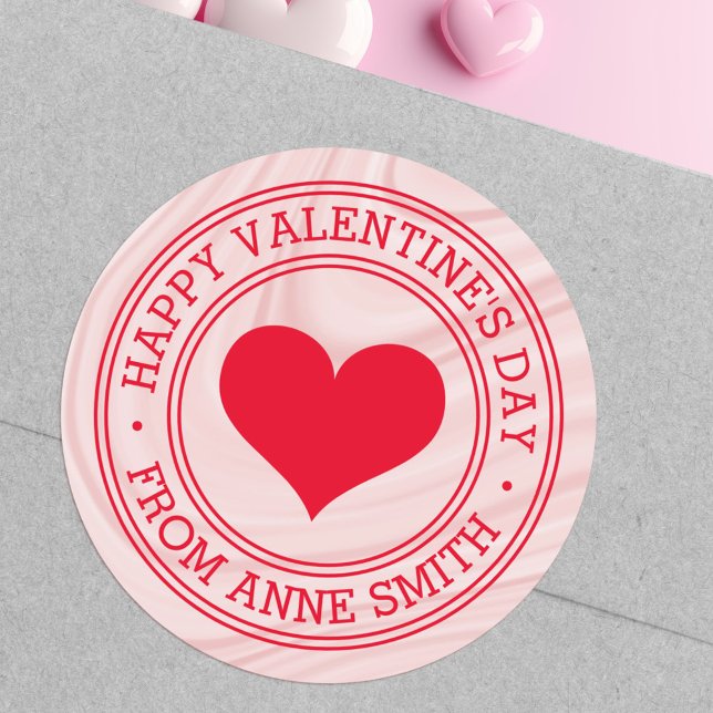 Sticker Rond Joyeuse Saint-Valentin de la part de Nom tourbillo (Happy Valentine's Day from Name pink satin swirls Classic Round Sticker)
