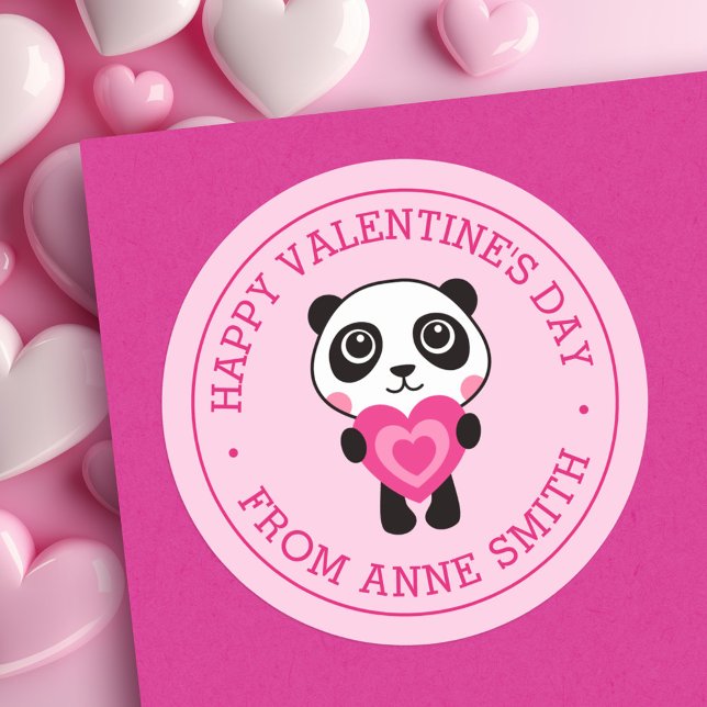 Sticker Rond Joyeuse Saint-Valentin nom mignon panda coeur rose (Happy Valentine's Day name cute panda heart pink Classic Round Sticker)