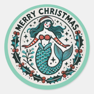 Sticker Rond Joyeuse sirène de Noël