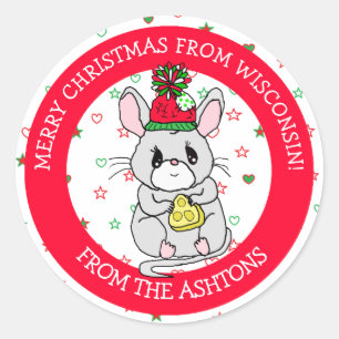 Sticker Rond Joyeuse souris de Noël avec fromage Fêtes
