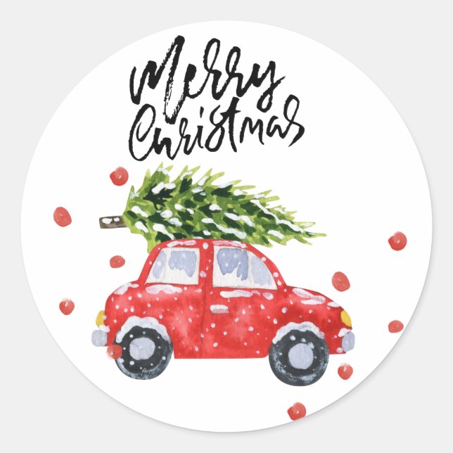 Sticker Rond Joyeuse voiture rouge de Noël avec sapin de Noël (Devant)