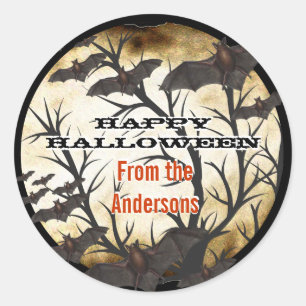 Sticker Rond Joyeuses chauves-souris d'Halloween et parchemin b