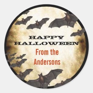 Sticker Rond Joyeuses chauves-souris d'Halloween et parchemin b