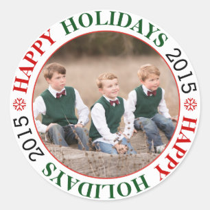 Sticker Rond Joyeuses fêtes 2015 rouge, vert photo de Noël