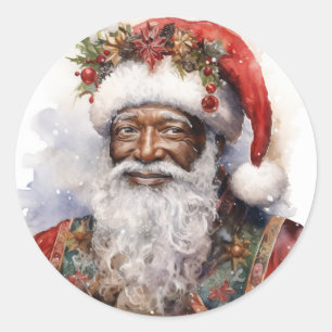Sticker Rond Joyeuses fêtes avec Black Père Noël