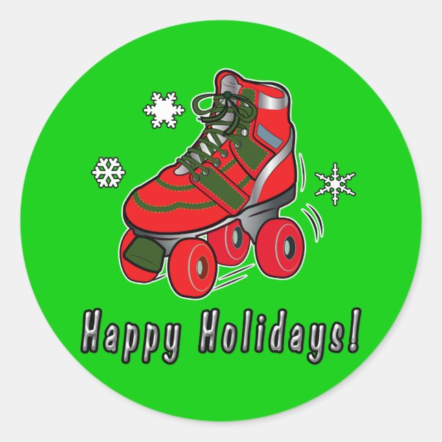 Sticker Rond Joyeuses fêtes avec Noël Roller Skate (Devant)