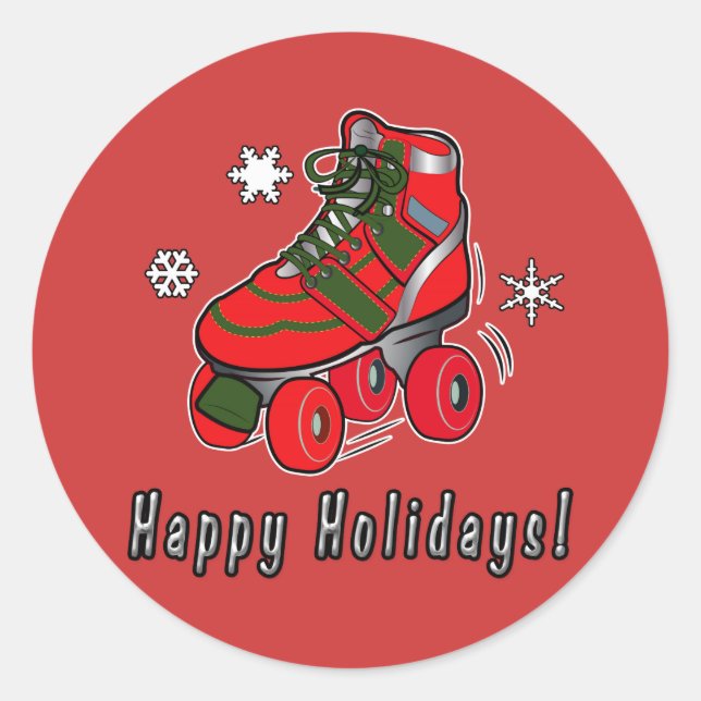 Sticker Rond Joyeuses fêtes avec Noël Roller Skate (Devant)