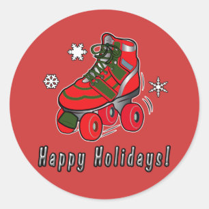 Sticker Rond Joyeuses fêtes avec Noël Roller Skate