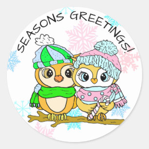 Sticker Rond Joyeuses Fêtes Cute Owl Couple Noël