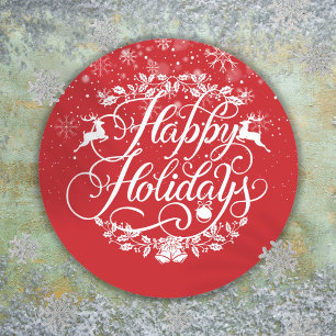 Sticker Rond Joyeuses fêtes de neige flocons Noël rouge