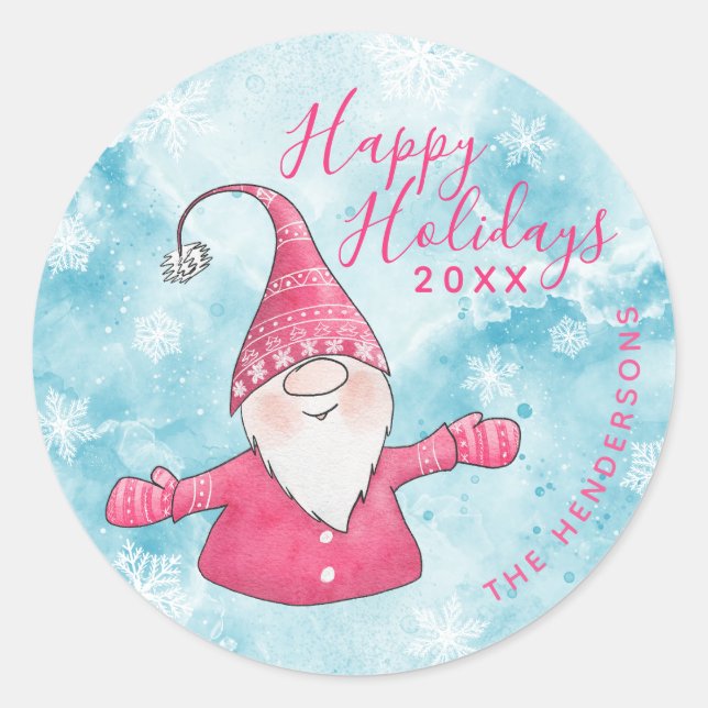Sticker Rond Joyeuses fêtes Elégant bleu rose Gnome Noël (Devant)
