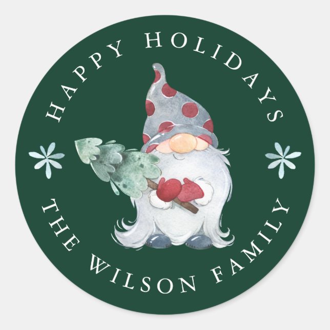 Sticker Rond Joyeuses fêtes Gnome sapin de Noël (Devant)