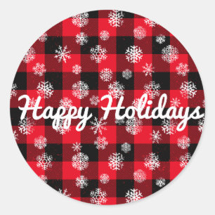 Sticker Rond Joyeuses fêtes l Snowflakes Red Buffalo Plaid