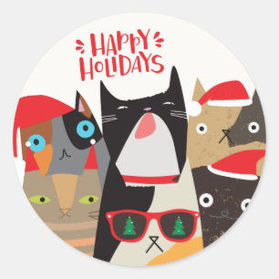 Sticker Rond Joyeuses fêtes ! Noël des caricatures de chats de 