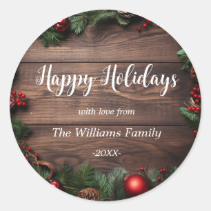 Sticker Rond "Joyeuses fêtes !" Rustique, Bois, Noël