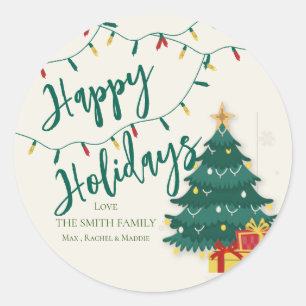 Sticker Rond Joyeuses fêtes String Lights Arbre mignonne Noël