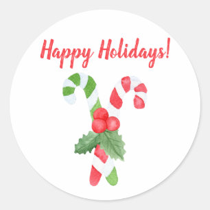 Sticker Rond Joyeuses fêtes Sucre de canne d'aquarelle Noël