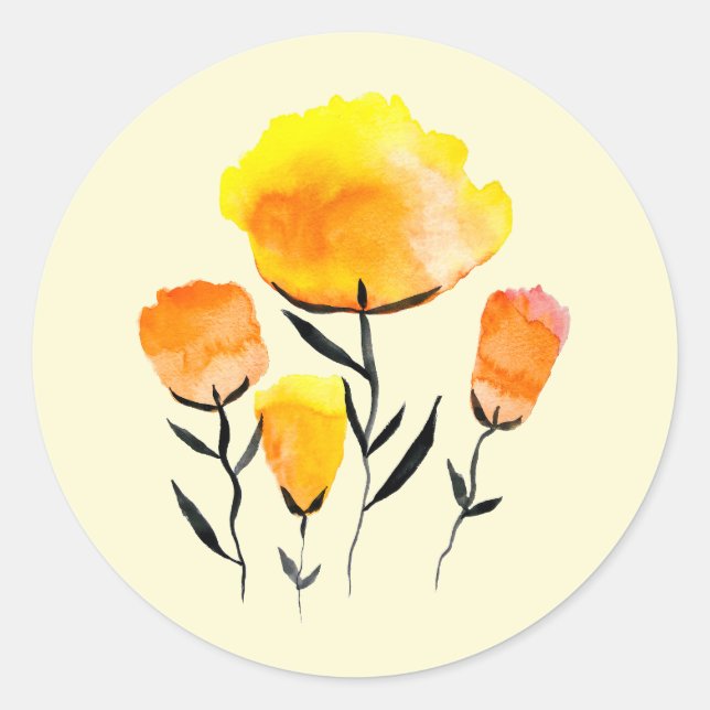 Sticker Rond Joyeuses fleurs orange et jaune (Devant)
