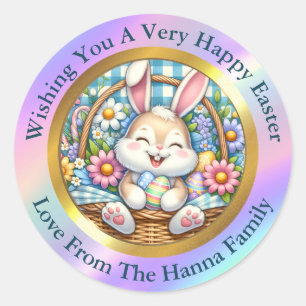 Sticker Rond Joyeuses Pâques avec un lapin mignon, des œufs et 