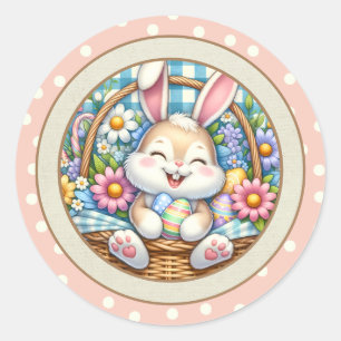 Sticker Rond Joyeuses Pâques avec un lapin mignon, des œufs et