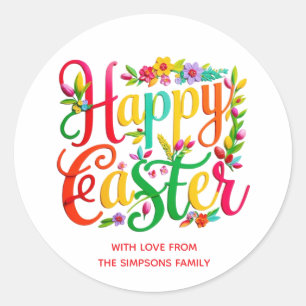 Sticker Rond Joyeuses Pâques Florales Colorées Élégantes