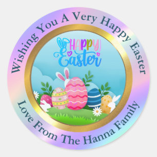 Sticker Rond Joyeuses Pâques - Lapin et œufs floraux favoris