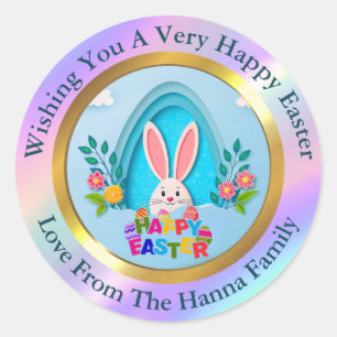 Sticker Rond Joyeuses Pâques Lapin personnalisé et fleurs print