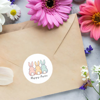 Sticker Rond Joyeuses Pâques Lapins Pastels Texte Personnalisé