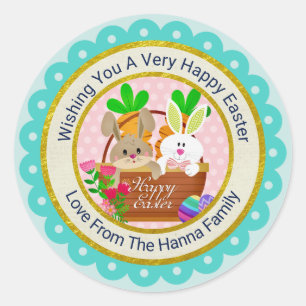 Sticker Rond Joyeuses Pâques, Panier de Lapin Mignon & Œufs Col