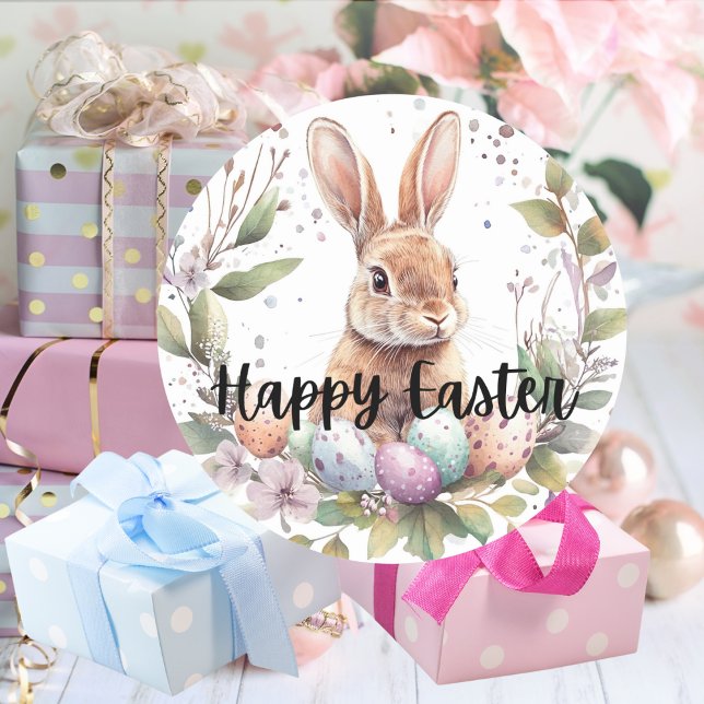 Sticker Rond Joyeuses Pâques Petit Lapin Mignon (Happy Easter Cute Bunny Classic Round Sticker Mockup 1)