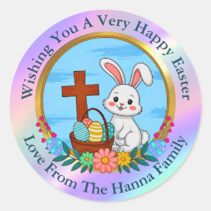 Sticker Rond Joyeuses Pâques religieuses, Lapin avec croix et œ