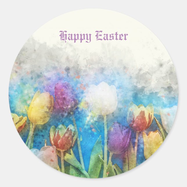 Sticker Rond Joyeuses Tulipes Pastel Aquarelle de Pâques (Devant)