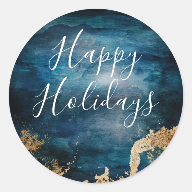 Sticker Rond Joyeuses Vacances Bleu & Or (Devant)
