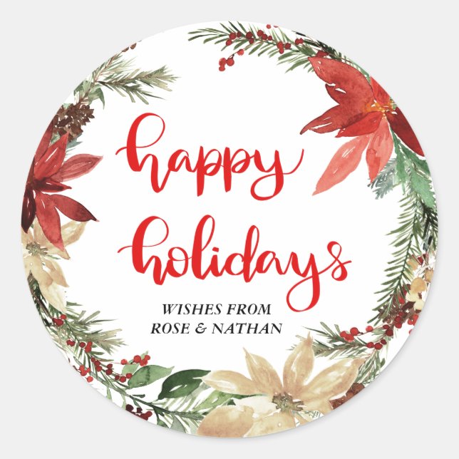 Sticker Rond Joyeuses vacances Floral Wreath Script moderne (Devant)