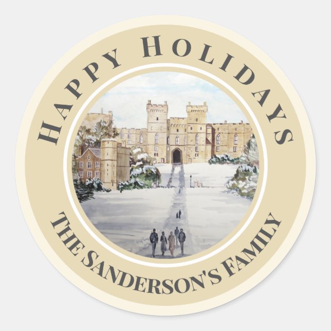 Sticker Rond Joyeuses vacances hiver à Windsor Castle Painting (Devant)