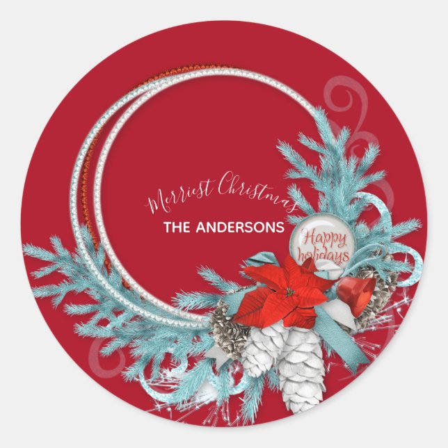 Sticker Rond Joyeuses Vacances Moderne Chic Pin Rouge Wreath (Devant)