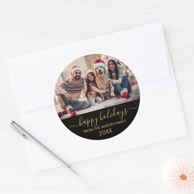 Sticker Rond Joyeuses Vacances Noir Script Famille Photo (Enveloppe)