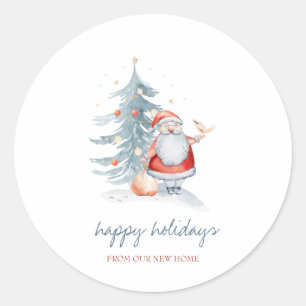 Sticker Rond Joyeuses Vacances, Père Noël, Pin Arbre