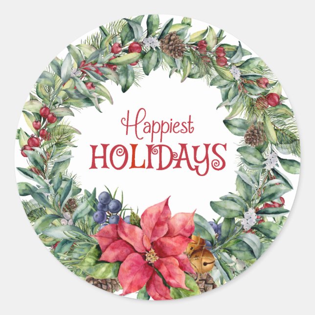 Sticker Rond Joyeuses vacances Poinsettia (Devant)