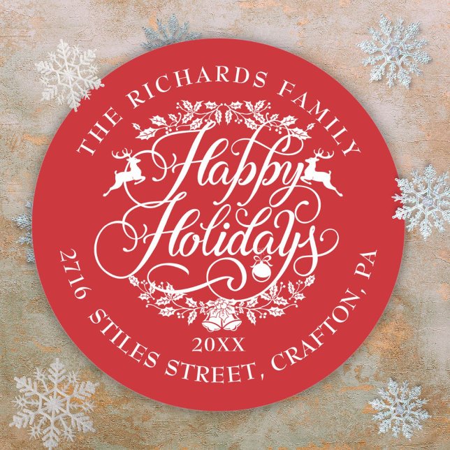 Sticker Rond Joyeuses vacances Retour Adresse Élégant Noël (Happy Holidays Return Address Elegant Christmas Classic Round Sticker)