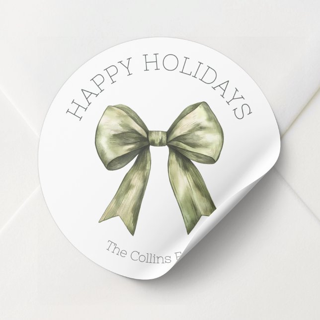 Sticker Rond Joyeuses Vacances Vert Aquarelle Bow Noël (Happy Holidays Green Watercolor Bow Christmas Classic Round Sticker)