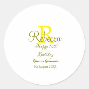 Sticker Rond Joyeux 15e anniversaire jaune ajouter nom monogram